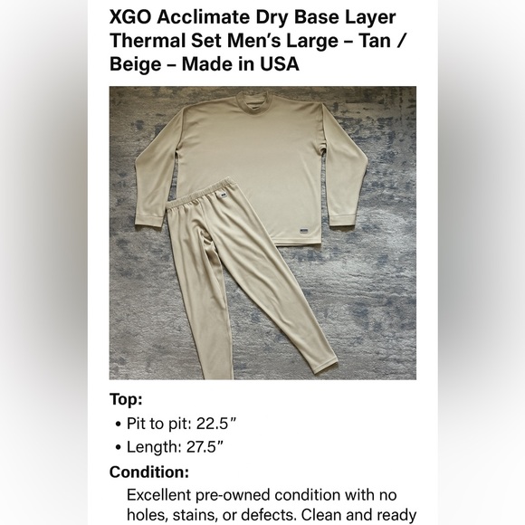 XGO Acclimate Dry Base Layer Thermal Set Men’s Large – Tan / Beige – Made in USA - Picture 2 of 16